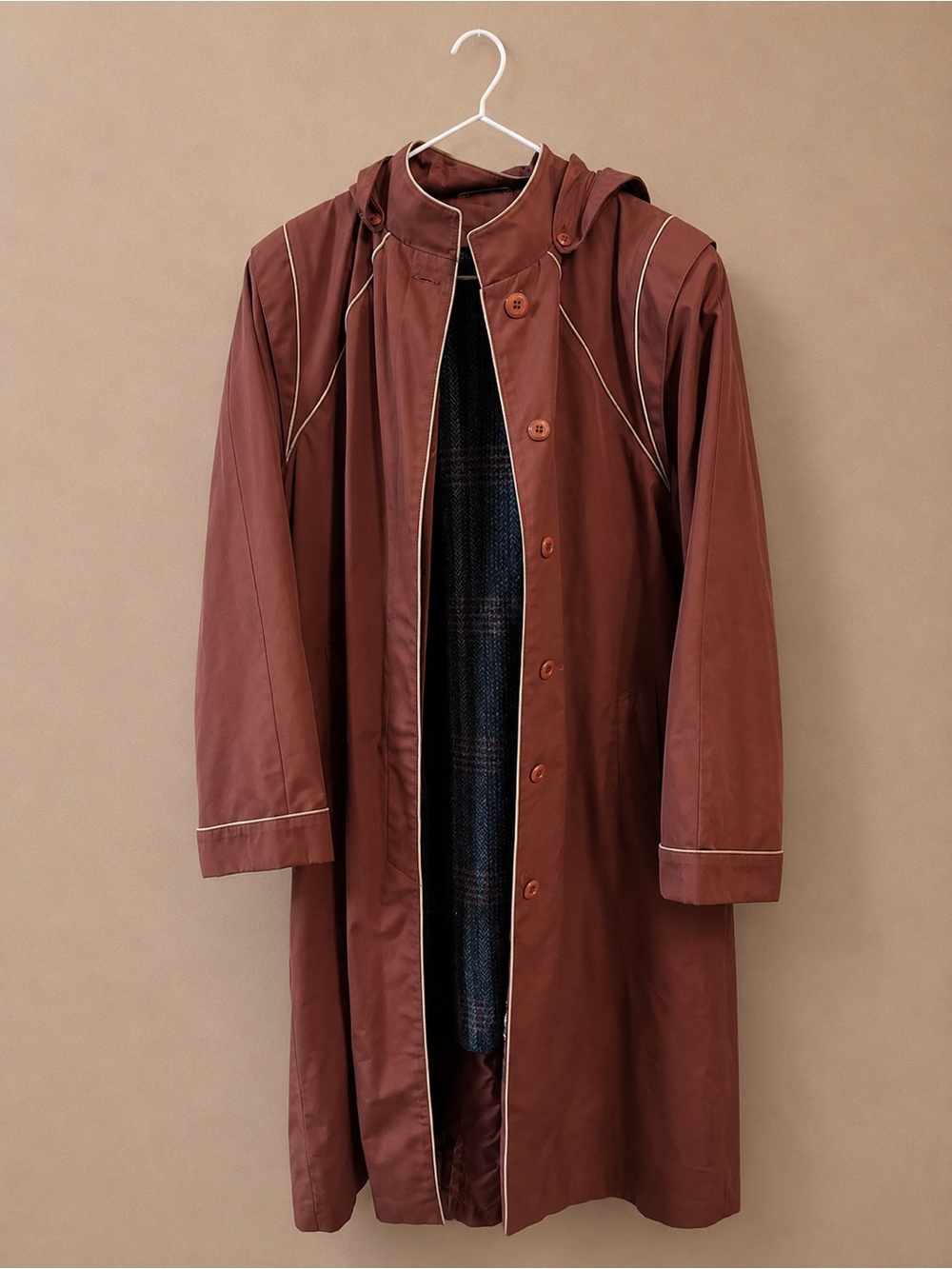 Women's Rust Brown Hooded Trench Coat with Contrast Piping